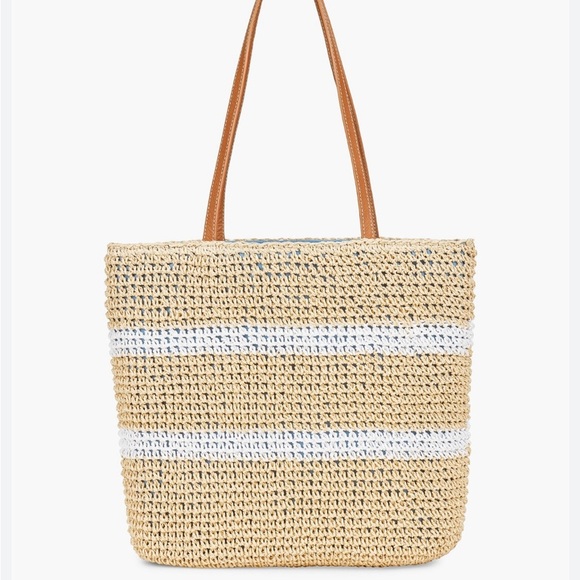 STRAW GETAWAY TOTE - NATURAL Stylish Tan and White Woven Tote Bag - Picture 6 of 7